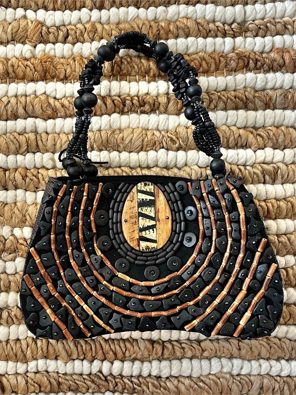 Vintage Handcrafted Black and Brown wooden Beaded Evening mini Bag